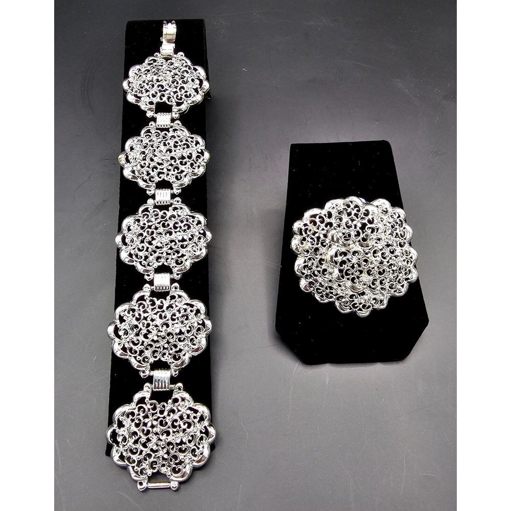 Vintage Rhodium Plated Filigree Bracelet Brooch/Pendant Set 1960s‎